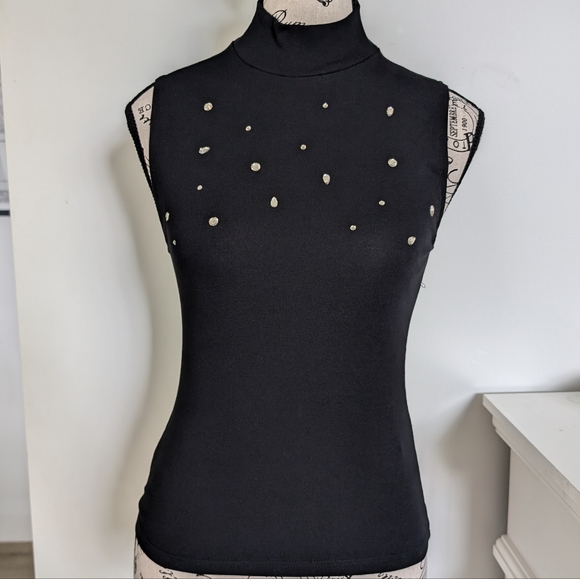Zara Tops - ZARA | Women's Black Mock Neck Jeweled Stretchy Sleeveless Tank Top